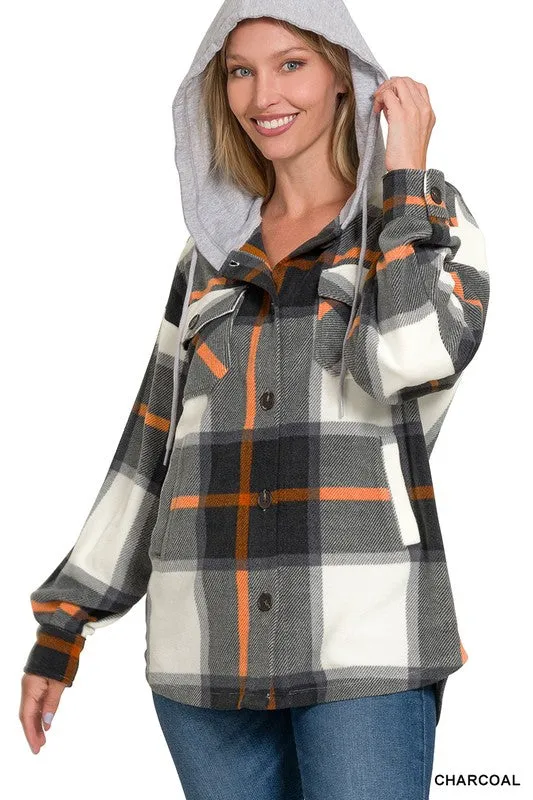 Plaid Drawstring Hooded Fleece Shacket [Online Exclusive]