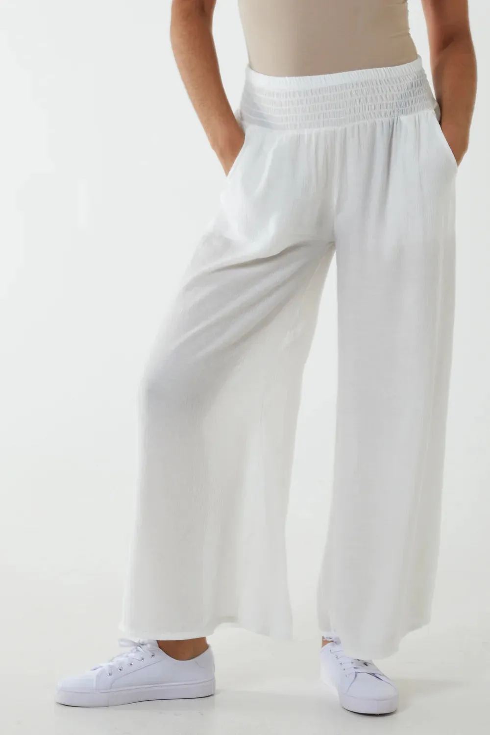 Plain Crinkle Effect Shirred Waist Wide Leg Trousers (2 Colours)