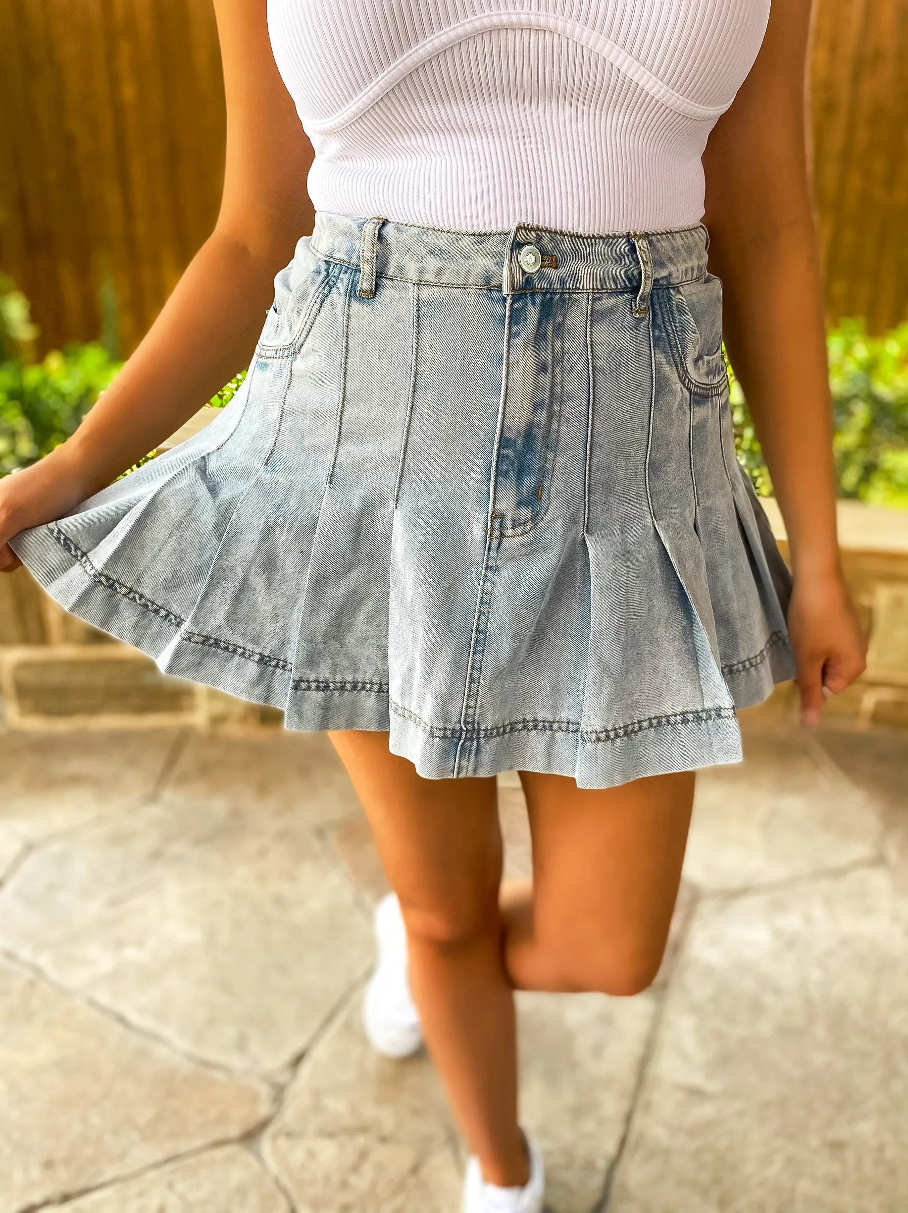 Play Me A Song Pleated Denim Skirt