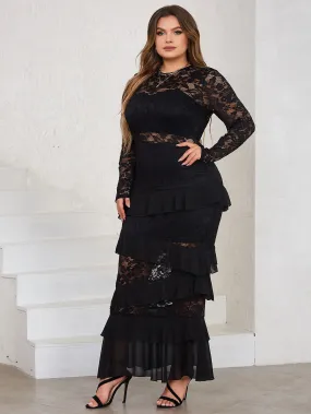 Plus Size Floral Lace Insert Ruffle Trim Layered Hem Maxi Dress