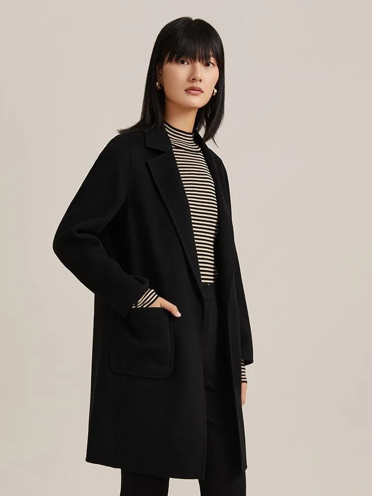 Pure Double-Faced Wool Mid-length Notched Lapel Women Coat