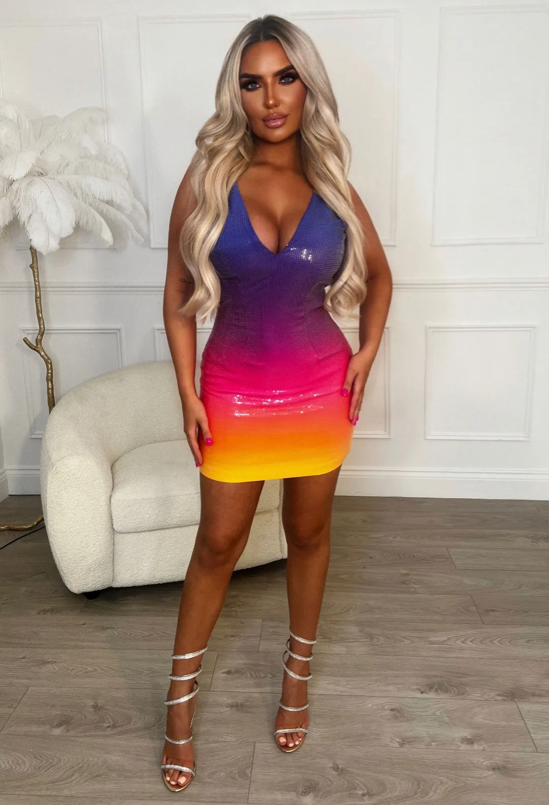 Rainbow Shimmy Multi Premium Ombre Sequin Plunge Mini Dress