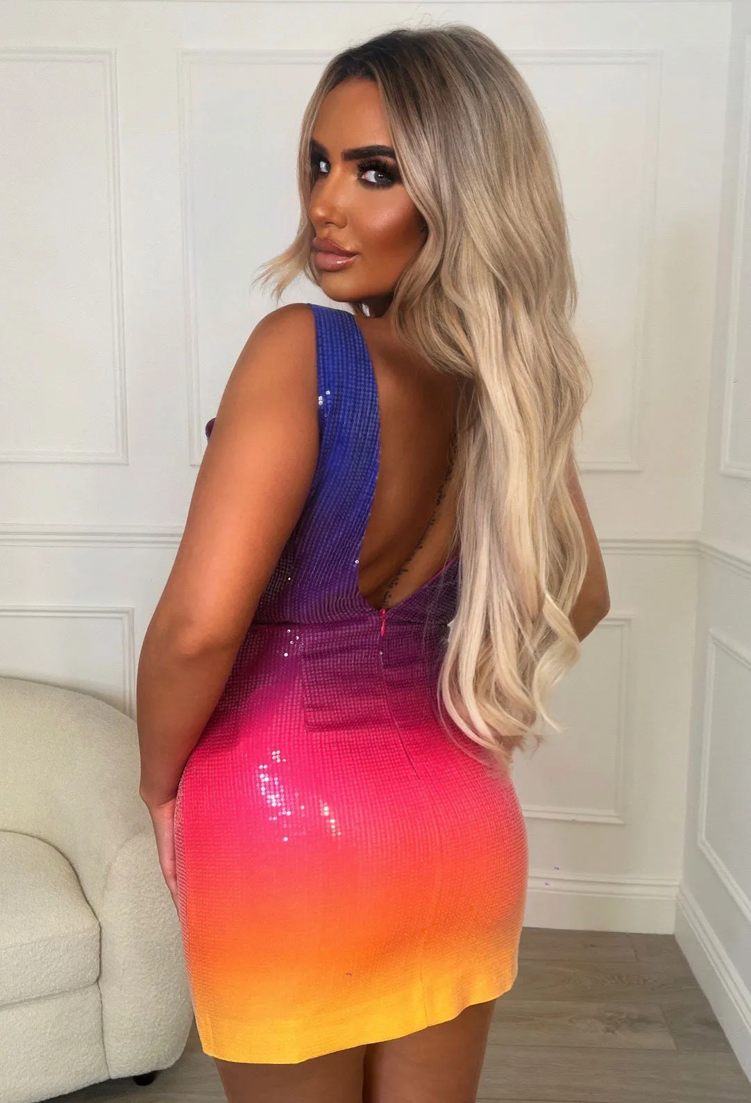 Rainbow Shimmy Multi Premium Ombre Sequin Plunge Mini Dress