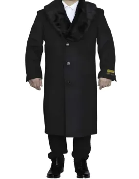 Removable Fur Collar Dark Charcoal Grey Ankle length Wool Dress Top Coat/Overcoat - Mens Overcoat