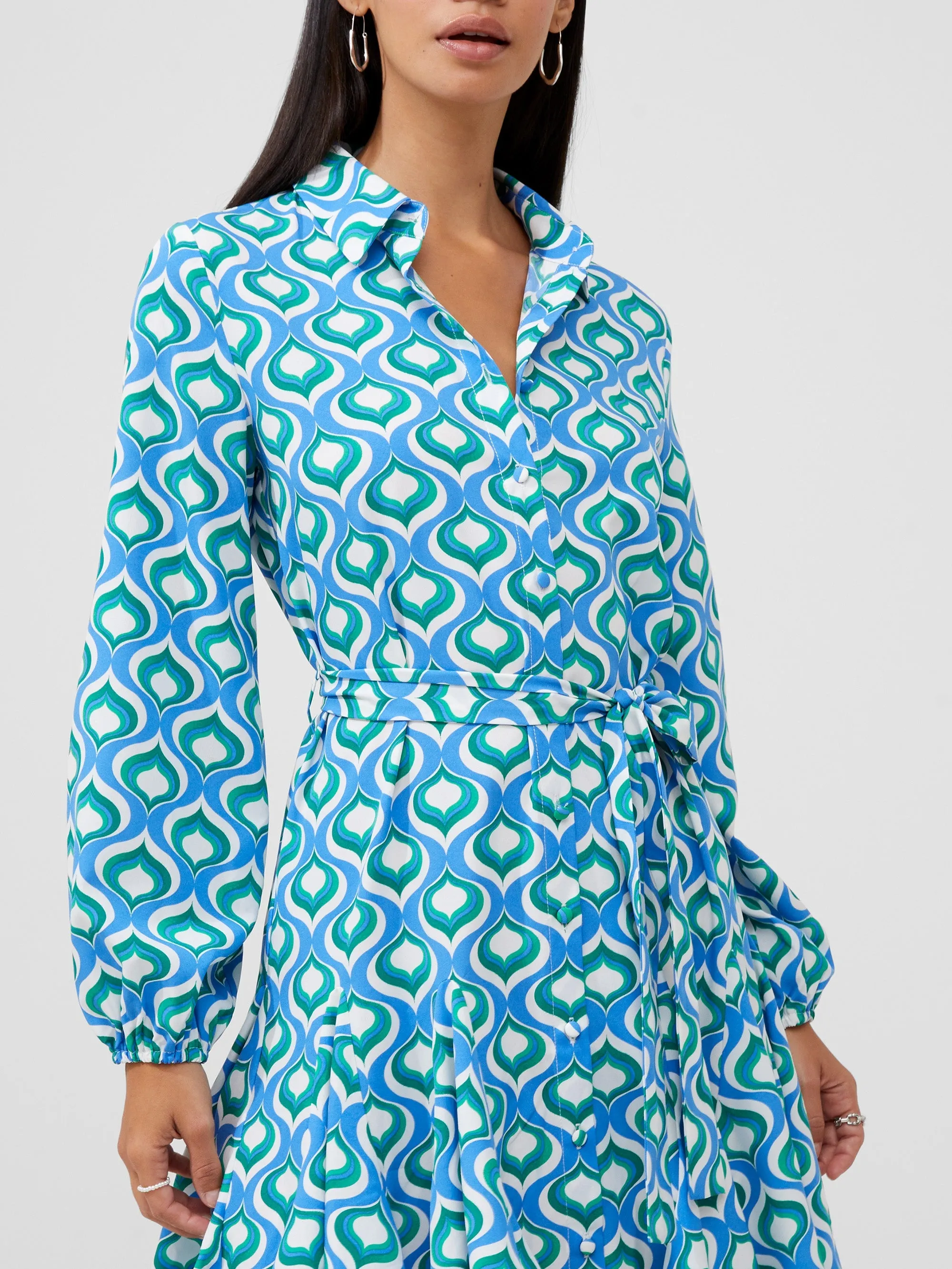 Retro Print Belted Shirt Mini Dress