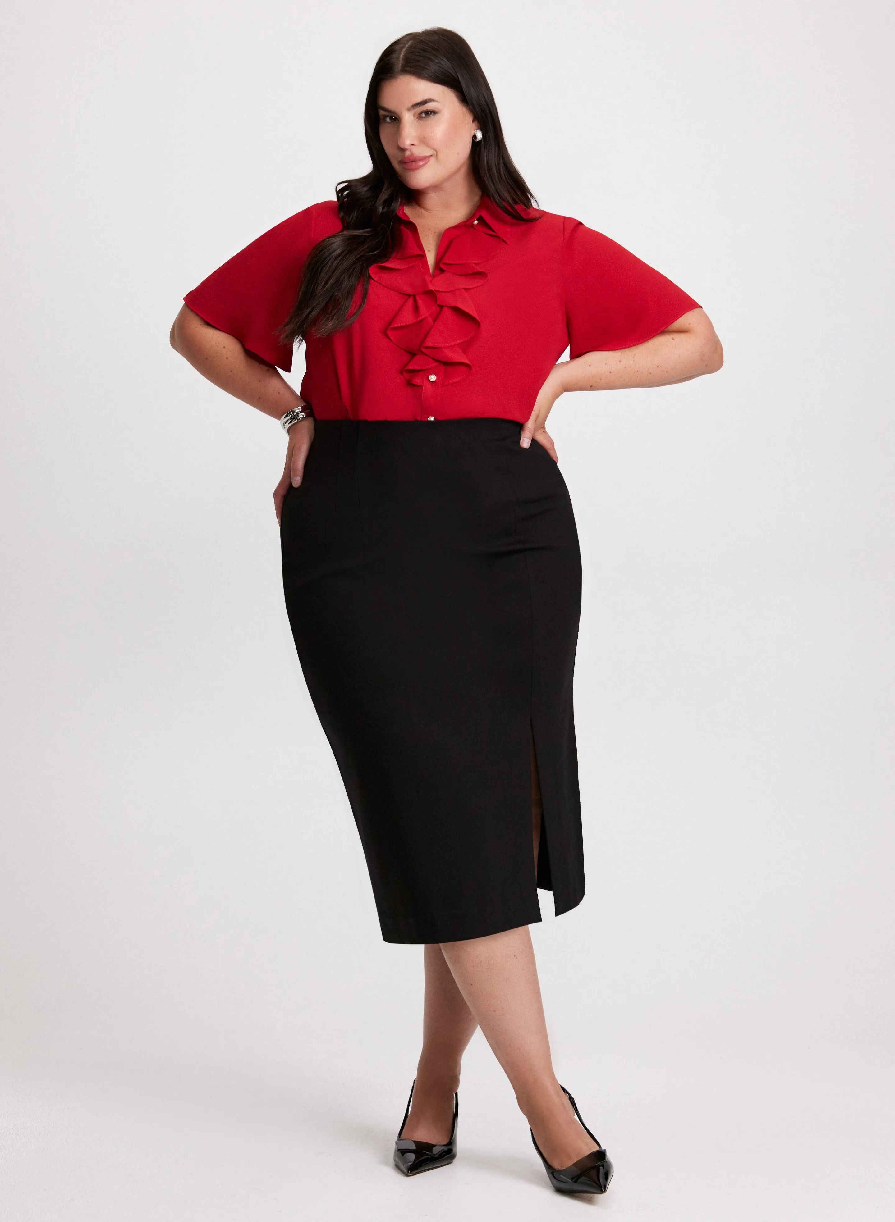 Ruffled Short Sleeve Blouse & Midi Pencil Skirt