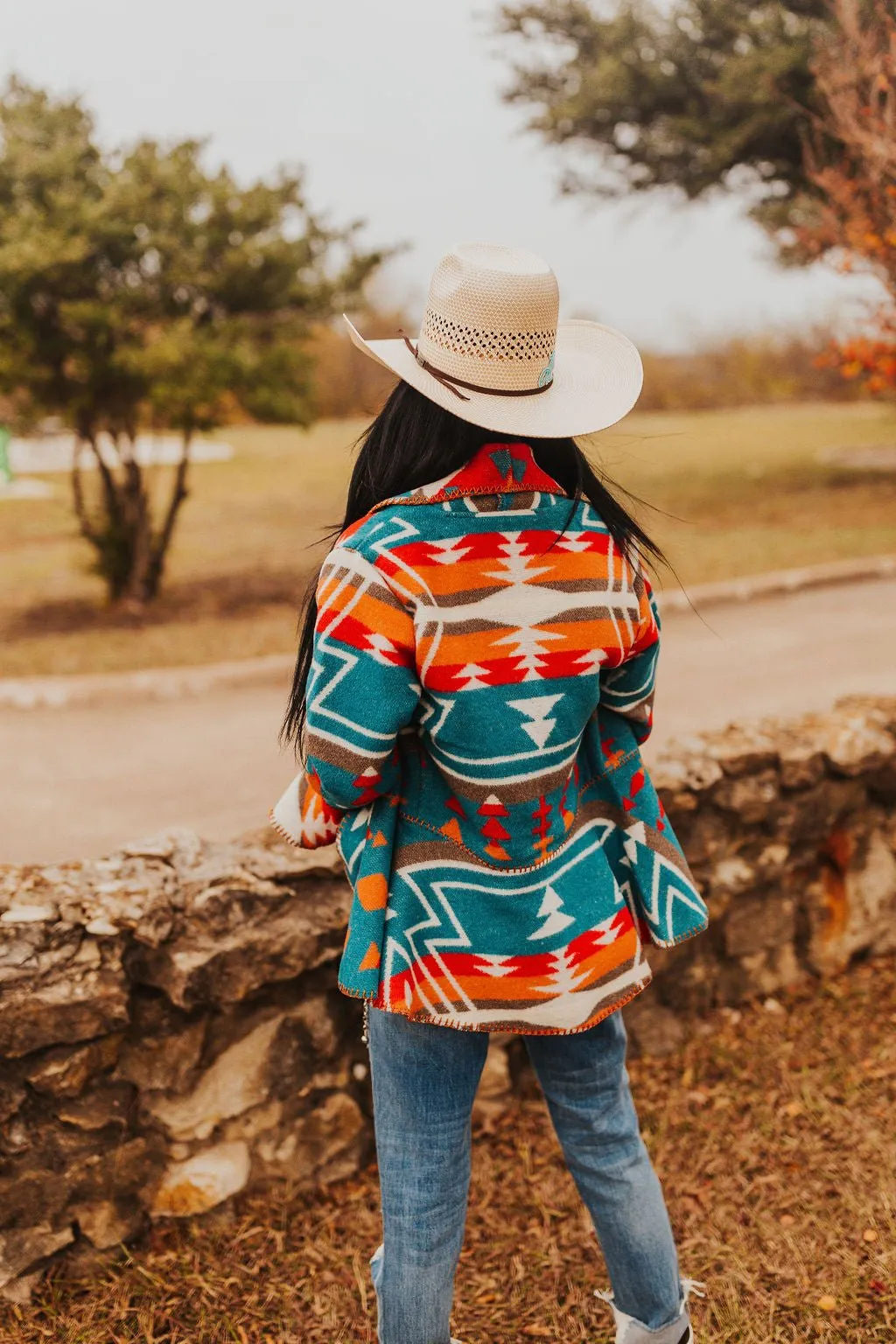 Rustic Teal Aztec Wool Flounce Jacket