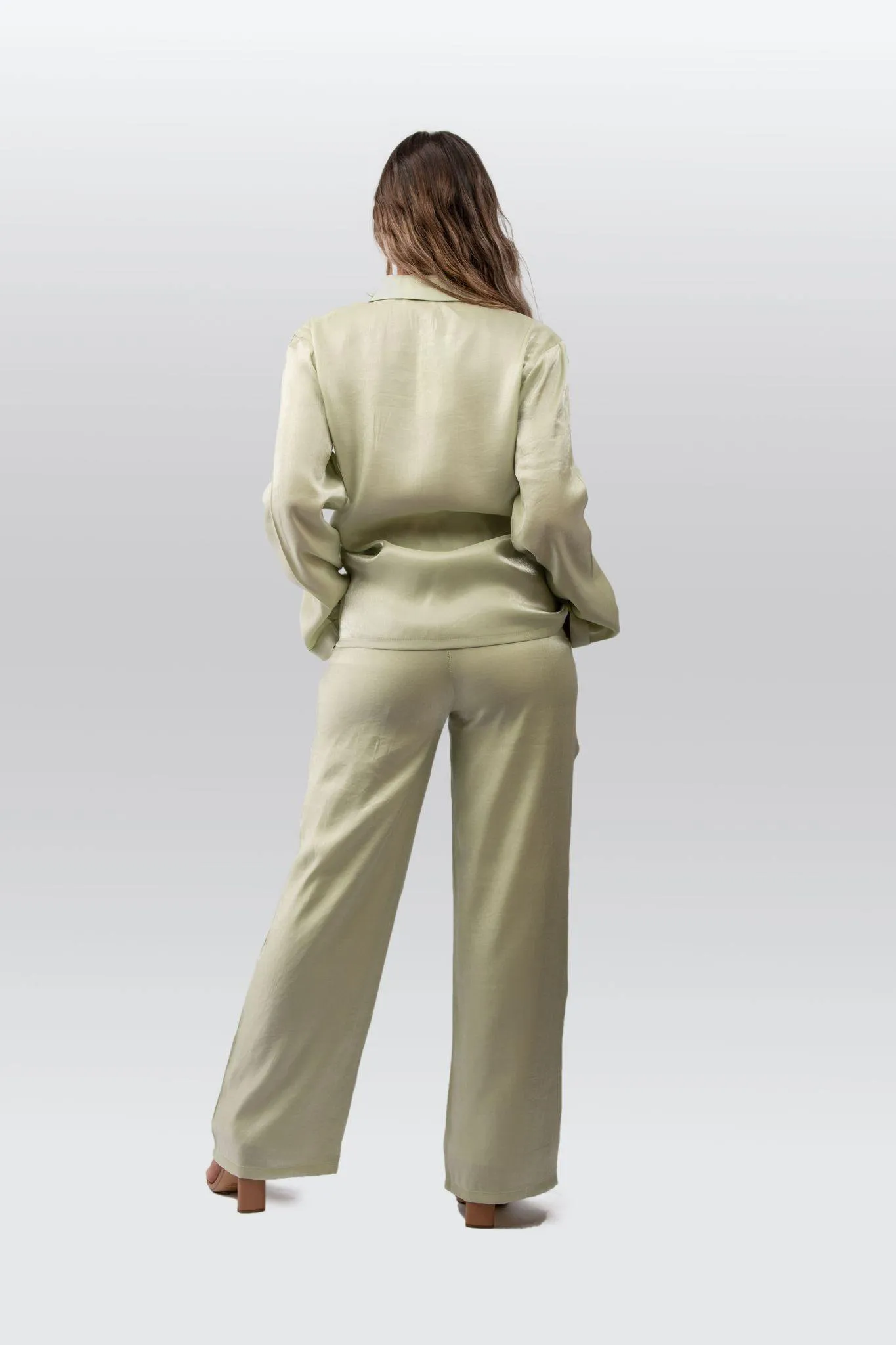 Satin Pleated Waist Trousers in Pale Sage