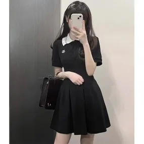 School White Kawaii Polo Dress Soft Girls Sweet Preppy Style Embroidery Wrap Short Sleeve Dresses Korean