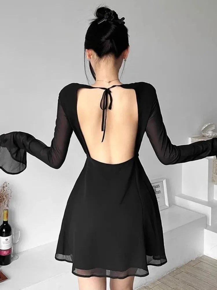 Sexy Backless Black Party Short Dresses Women Mesh Lace Up Flare Long Sleeve Mini Dress Wrap Slim Spring Fashion