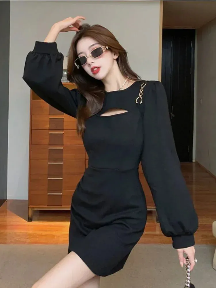 Sexy Black Hollow Out Mini Dress Women Bodycon Wrap Slim Short Dresses Party Evening Autumn Outfits Robes Female