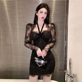 Sexy Lace Black Halter Mini Dress Night Club Party Evening Bodycon Wrap Short Dresses New In Outfits Female