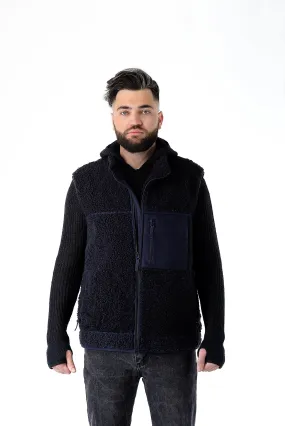 Shearling Sheepskin Vest Long Denim Blue with Big Zip Front and Side Pockets