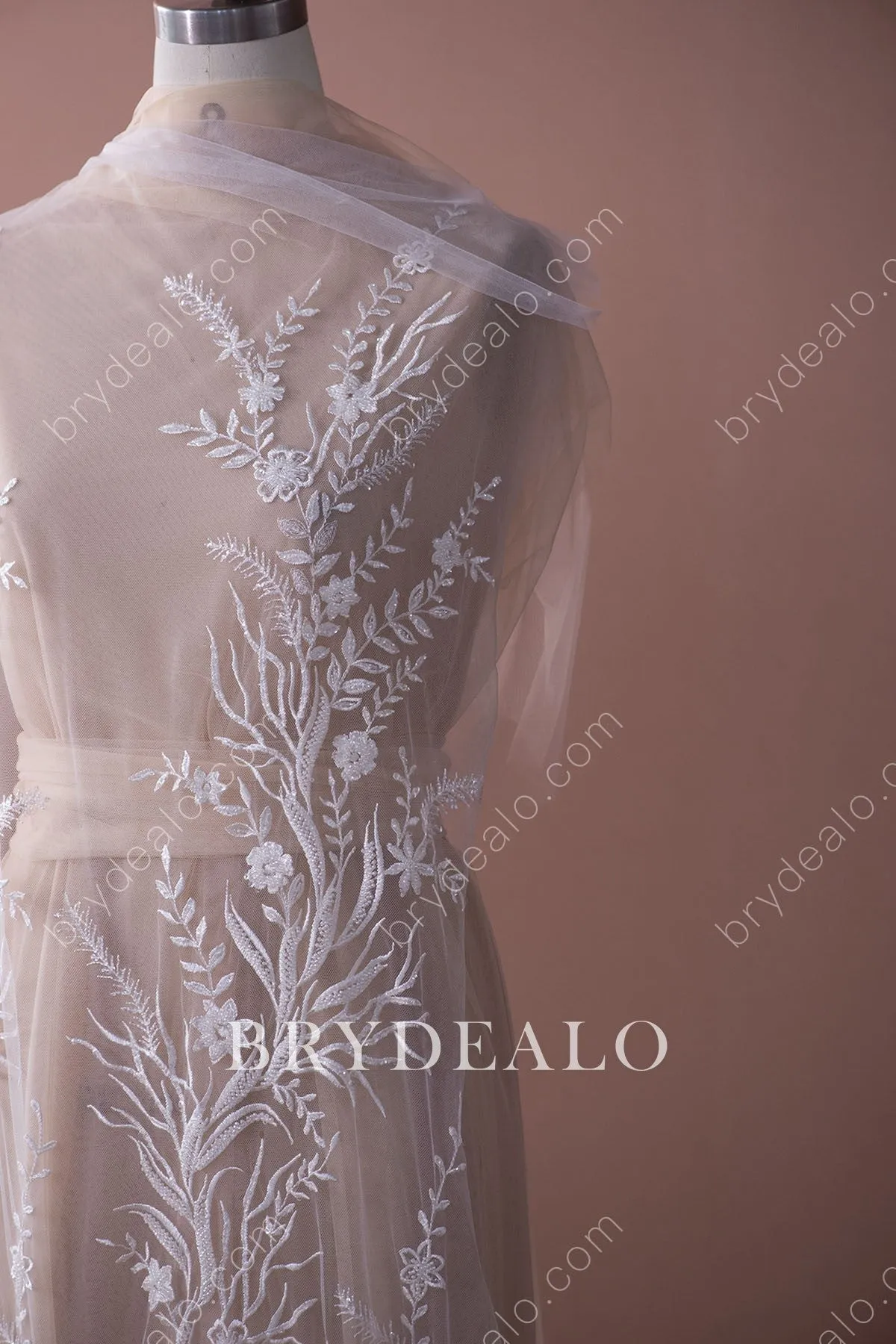 Shiny Beaded Sequined Branch Bridal Lace Fabric for Designer Dresses