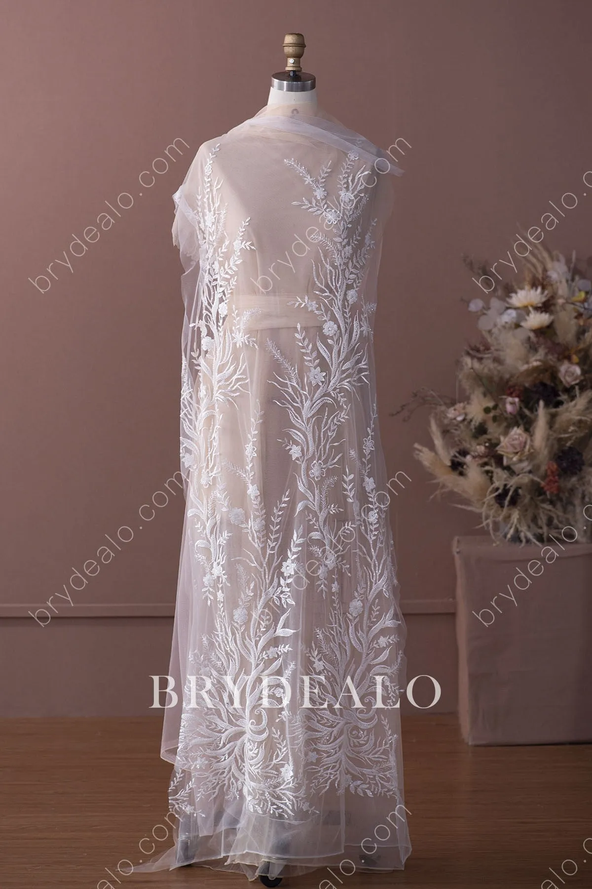 Shiny Beaded Sequined Branch Bridal Lace Fabric for Designer Dresses