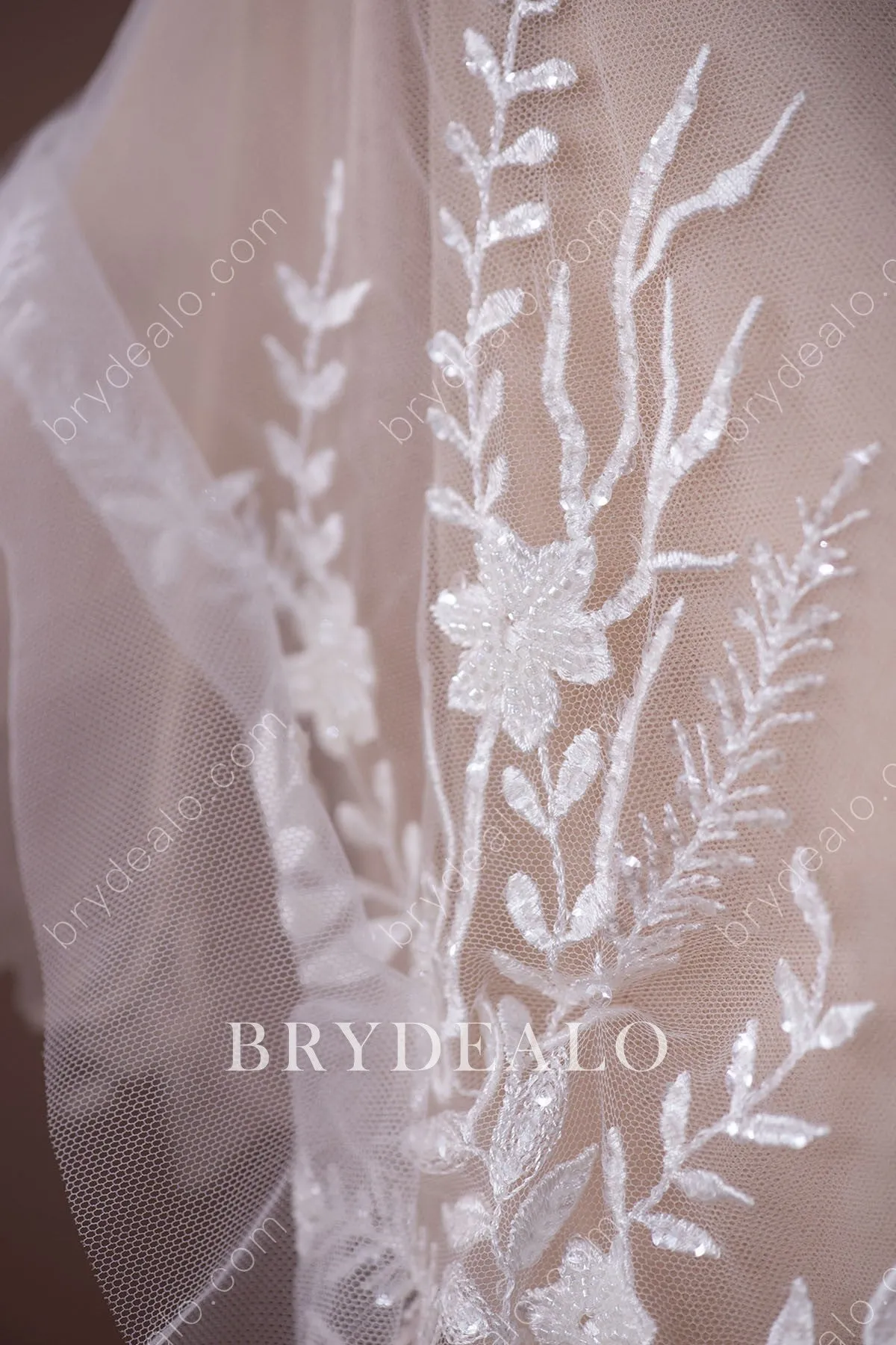 Shiny Beaded Sequined Branch Bridal Lace Fabric for Designer Dresses