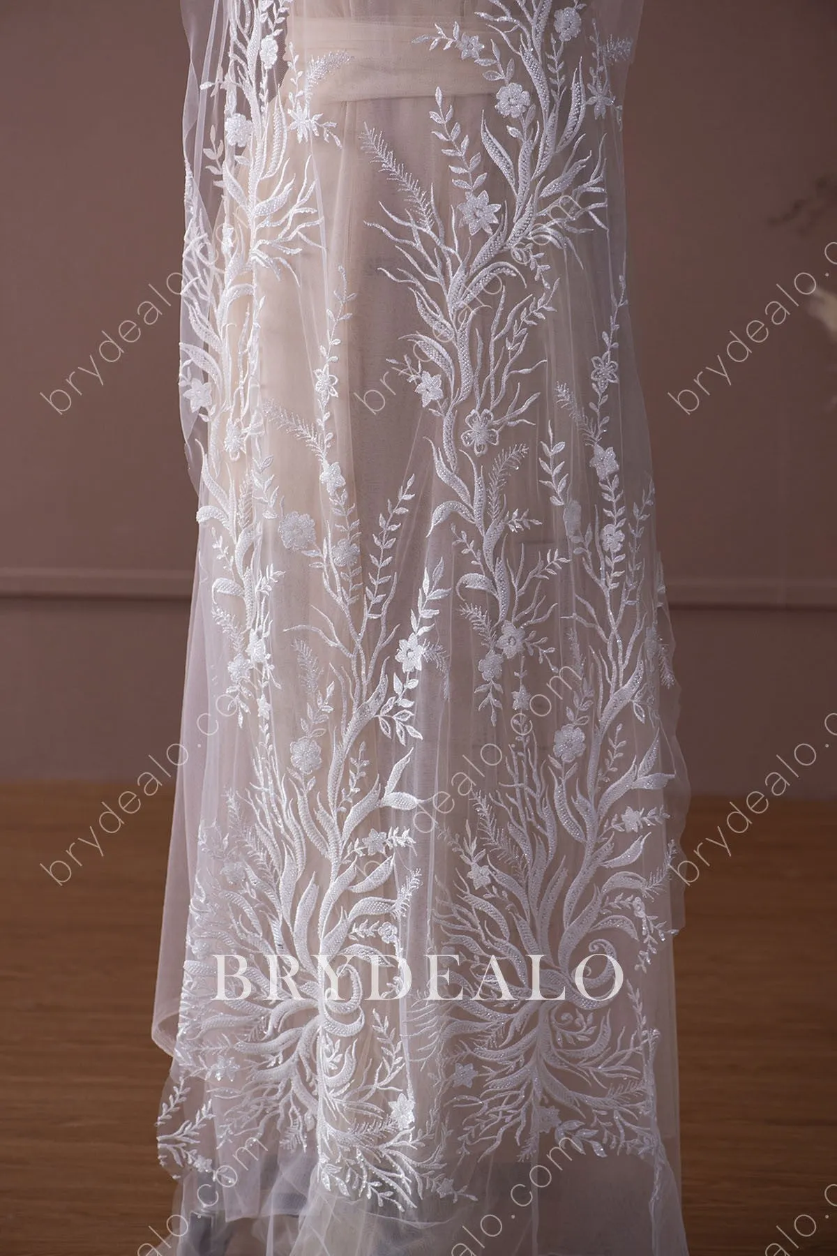 Shiny Beaded Sequined Branch Bridal Lace Fabric for Designer Dresses