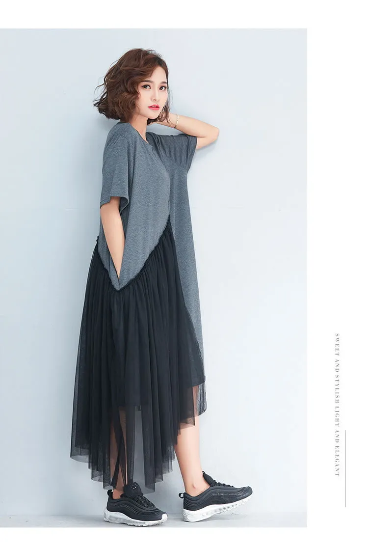 Short Sleeve Korean Style Dress O-neck Patchwork Mesh Irregular Women Dress