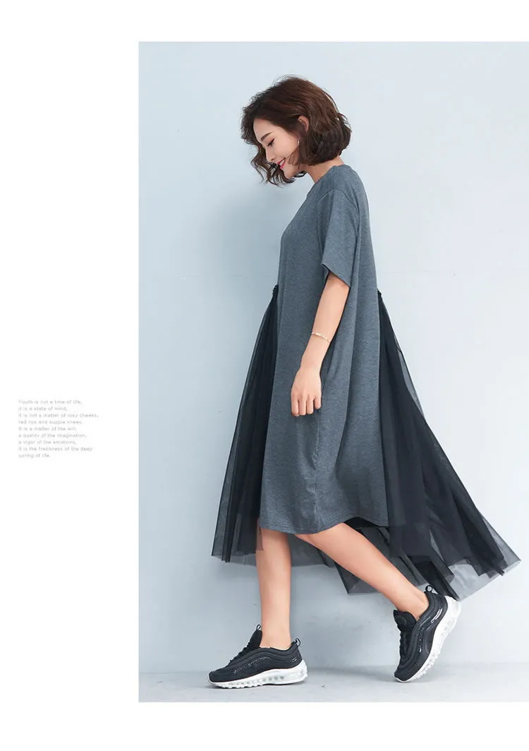 Short Sleeve Korean Style Dress O-neck Patchwork Mesh Irregular Women Dress