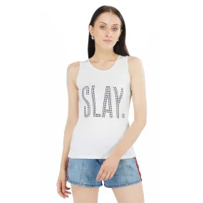 SLAY. Women's Black Crystal Embellished White Tank Top