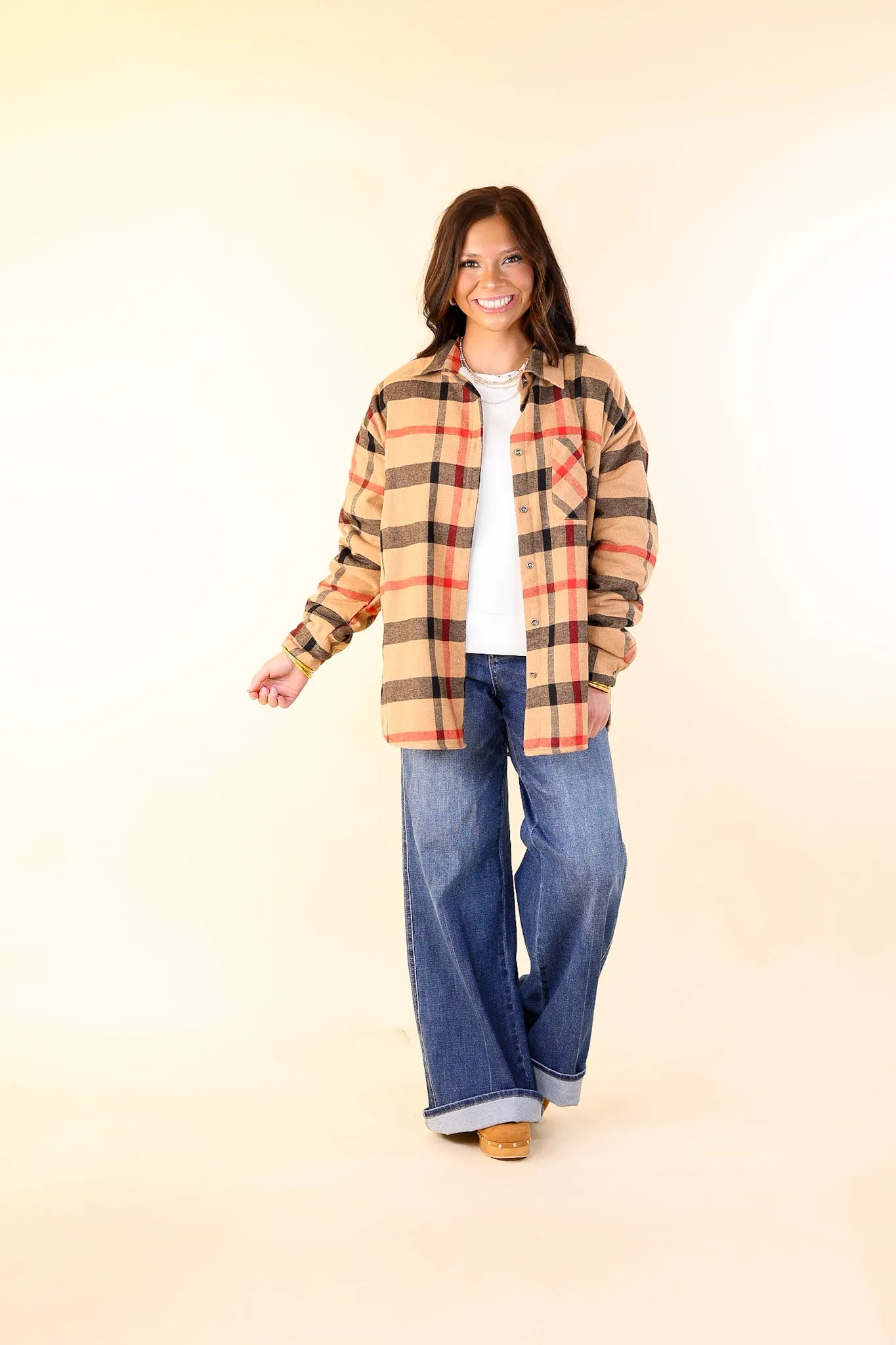 Soft and Dreamy Fur Lined Plaid Flannel Shacket in Tan