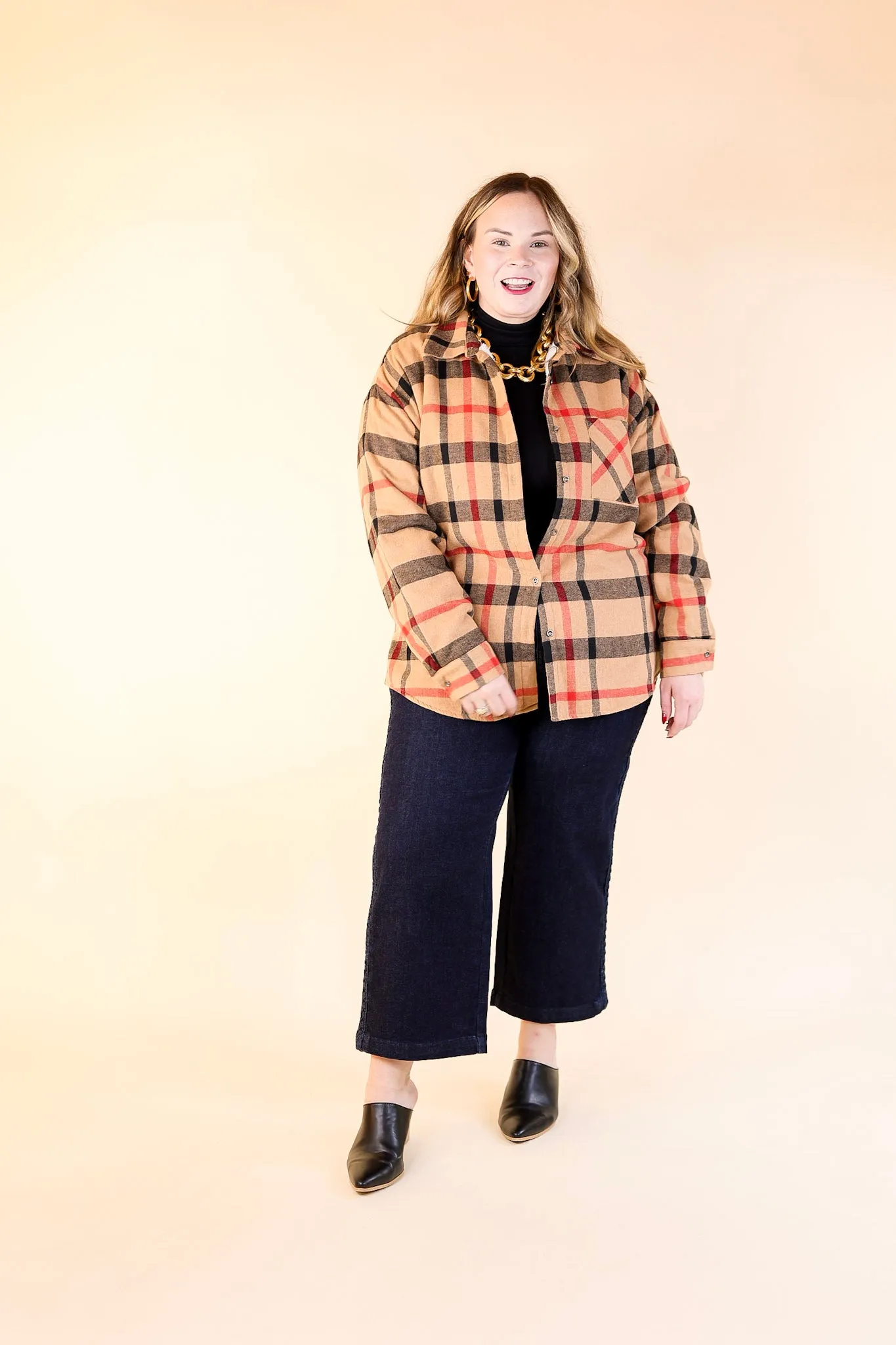 Soft and Dreamy Fur Lined Plaid Flannel Shacket in Tan