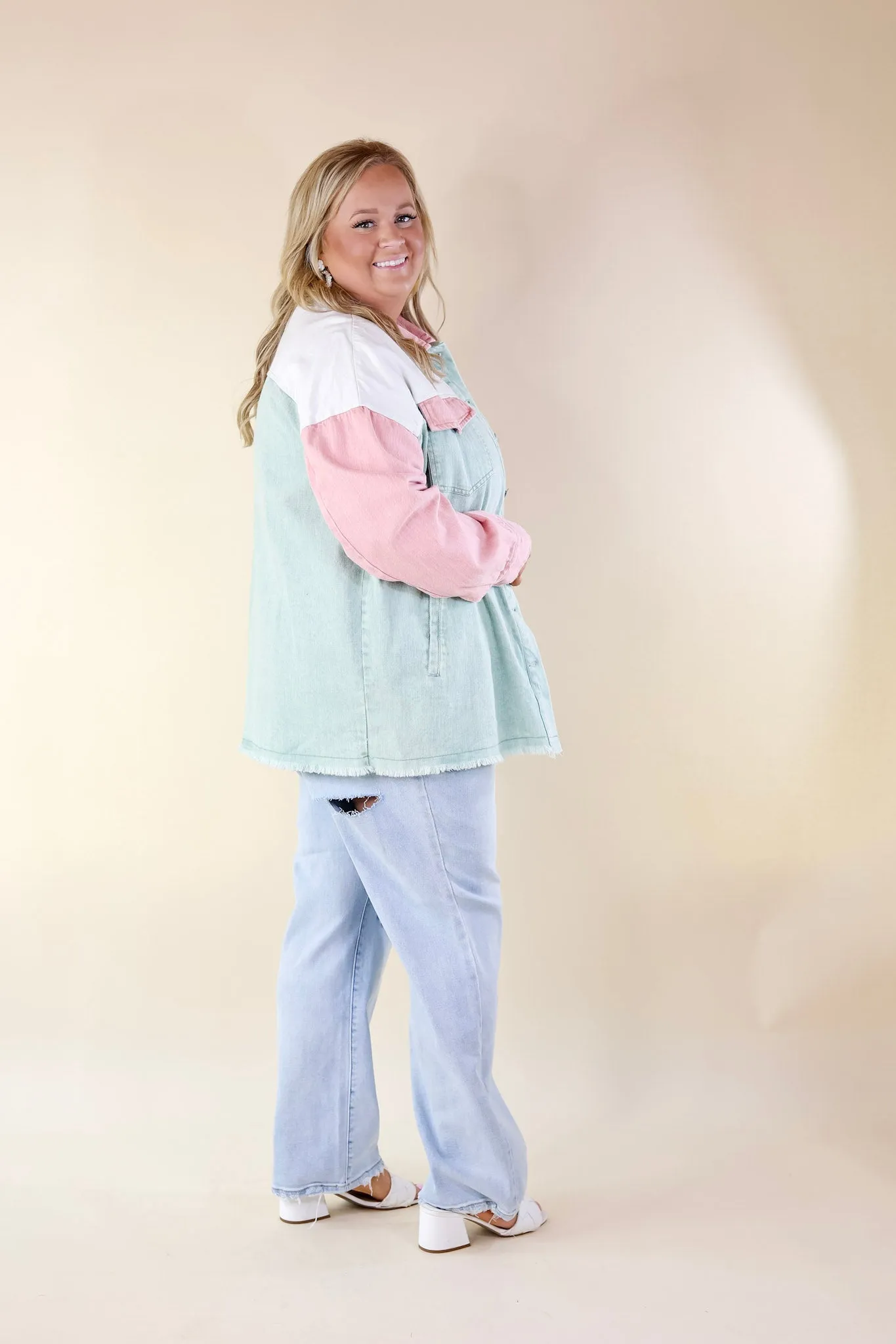 Style Mentor Color Block Button Up Jacket in Sage and Pink