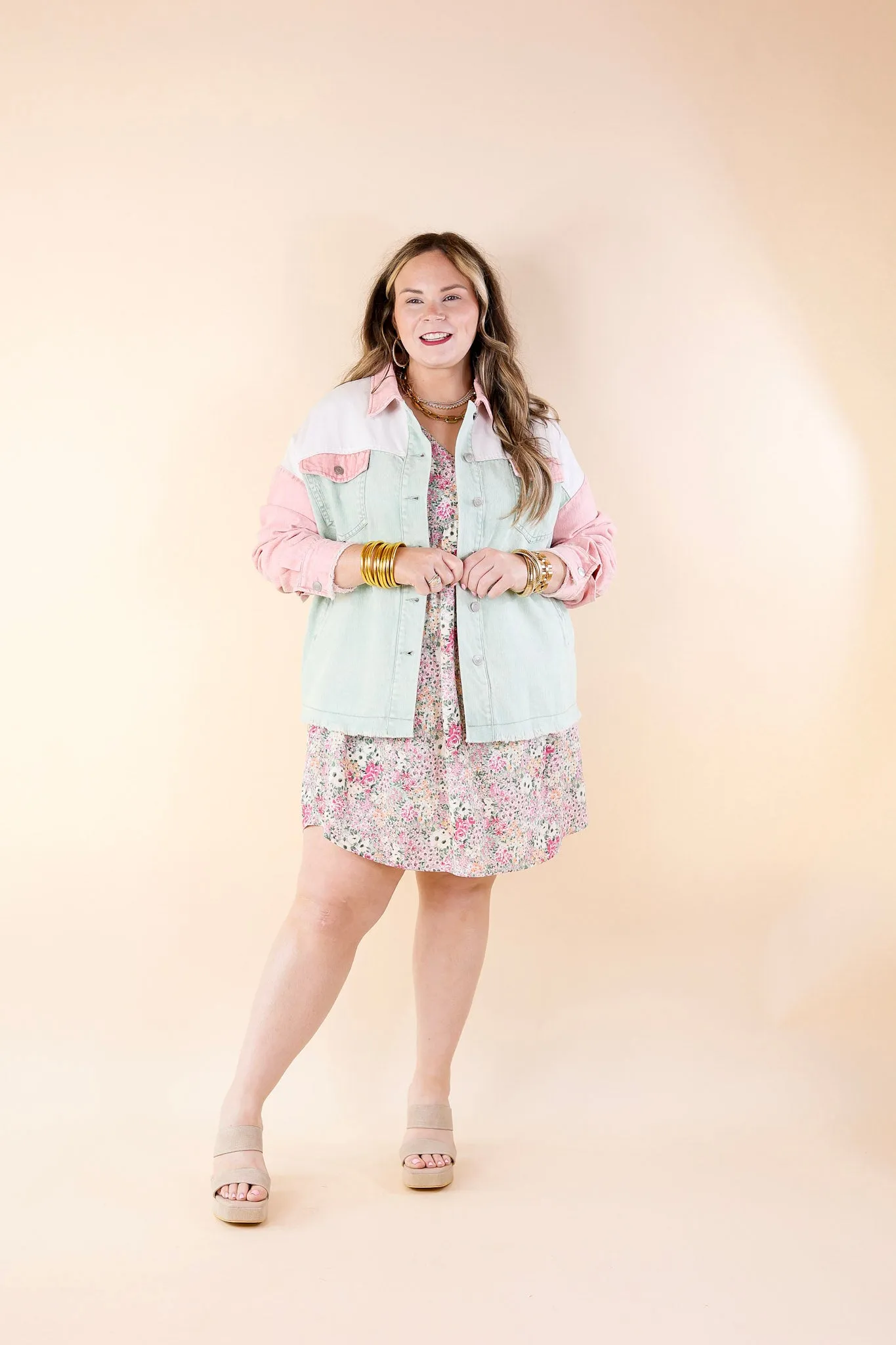 Style Mentor Color Block Button Up Jacket in Sage and Pink