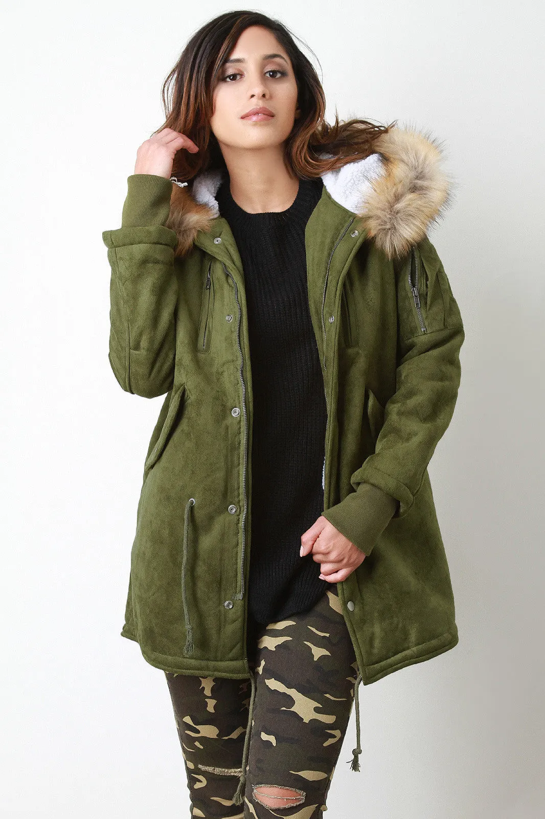 Suede Fur Trim Hooded Parka Jacket