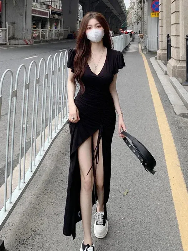 Summer Casual Bodycon Black Draw String Split Dress Women Vneck Ruched Wrap Long Dresses High Waist Sundress