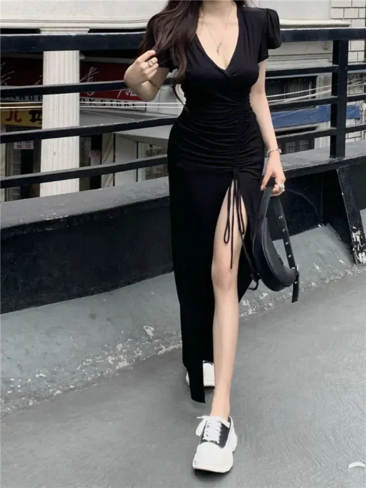 Summer Casual Bodycon Black Draw String Split Dress Women Vneck Ruched Wrap Long Dresses High Waist Sundress