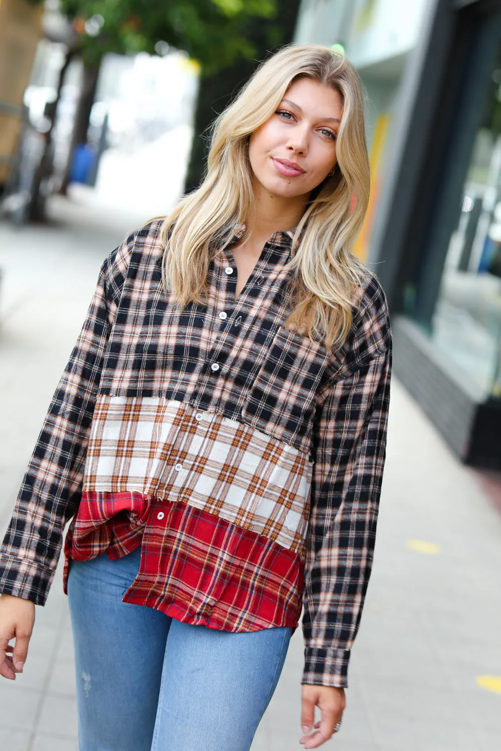 Taupe & Red Plaid Color Block Shacket