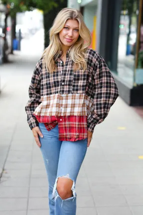 Taupe & Red Plaid Color Block Shacket