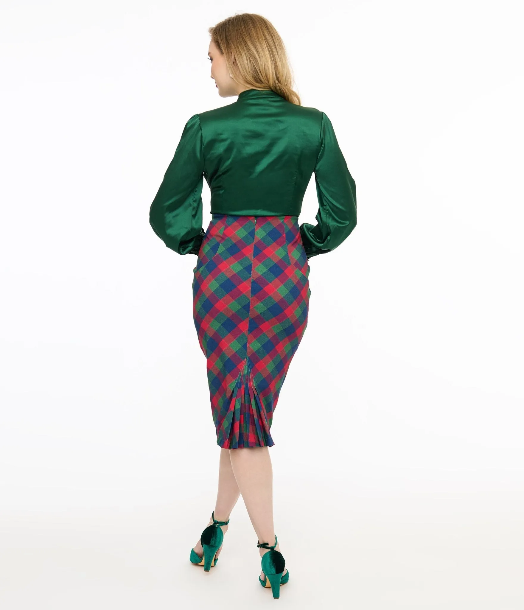 Unique Vintage 1950s Green & Red Plaid Tracy Pencil Skirt