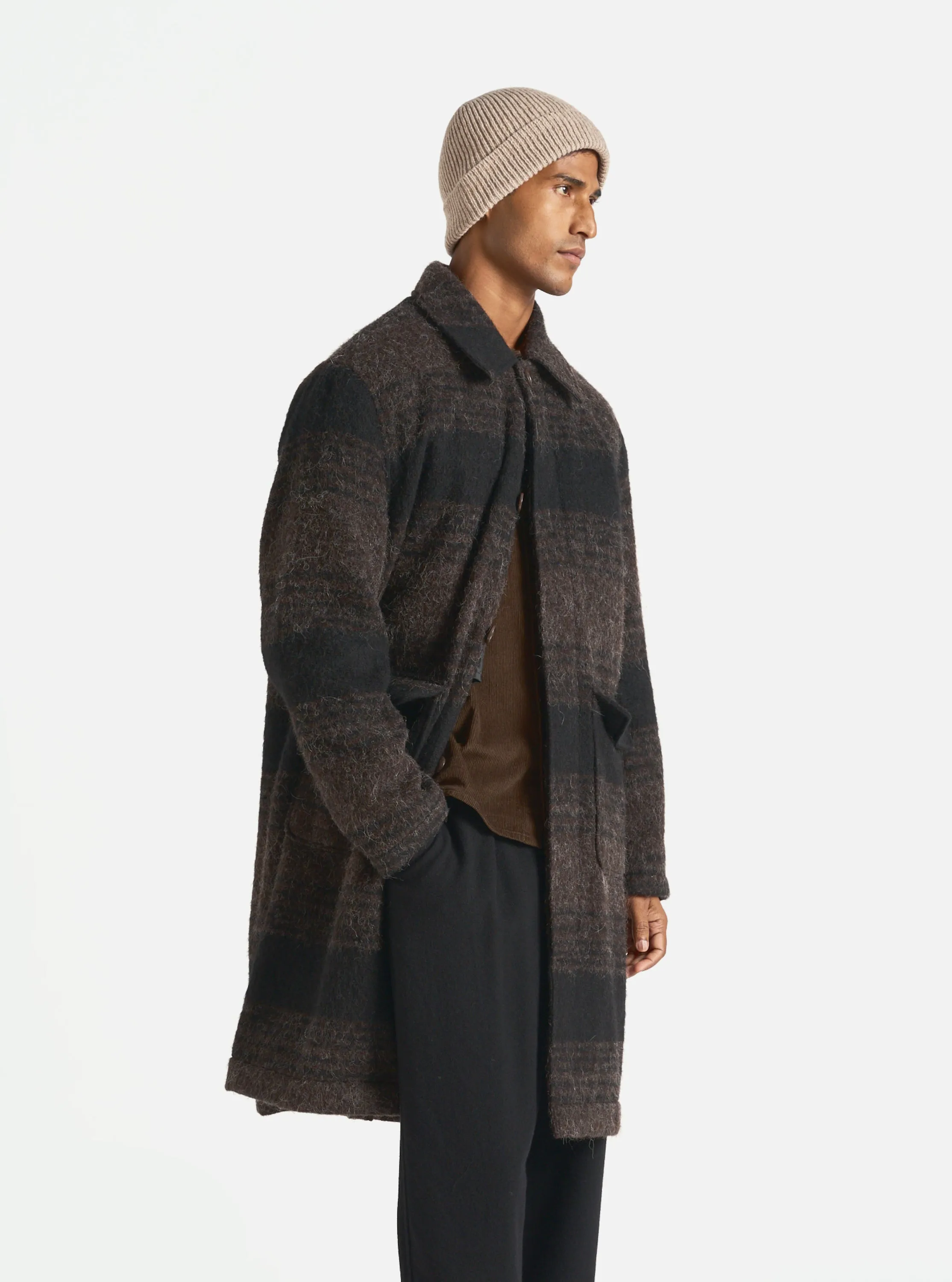 Universal Works Account Coat in Brown/Black Alpaca Recycled Mix