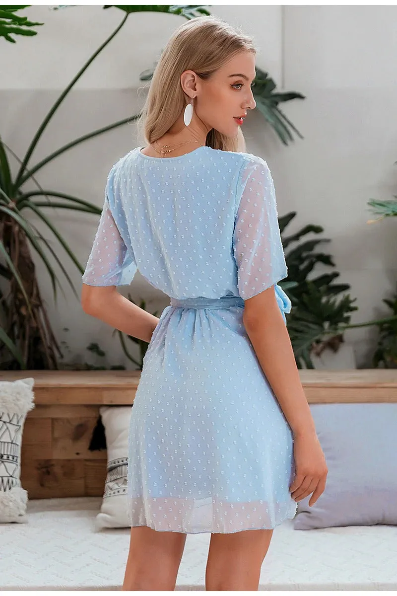 V-neck Flower A-line Summer Ruffled Sash Belt Wrap Short Sleeve Beach Lining Short Dress