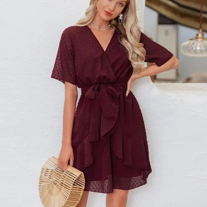 V-neck Flower A-line Summer Ruffled Sash Belt Wrap Short Sleeve Beach Lining Short Dress