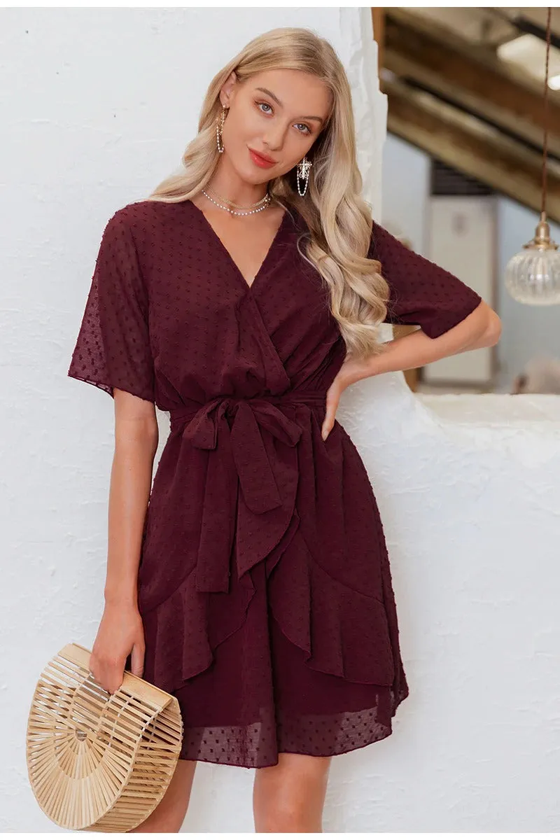 V-neck Flower A-line Summer Ruffled Sash Belt Wrap Short Sleeve Beach Lining Short Dress