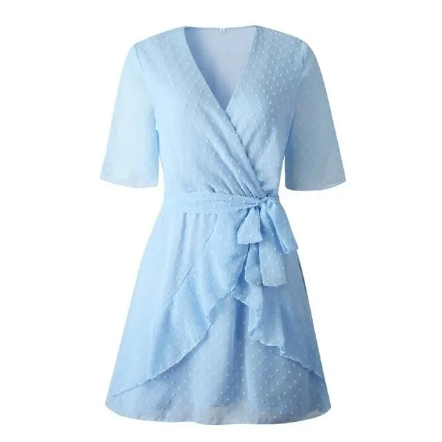 V-neck Flower A-line Summer Ruffled Sash Belt Wrap Short Sleeve Beach Lining Short Dress