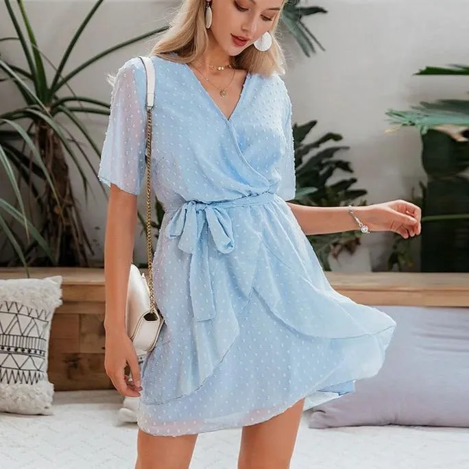 V-neck Flower A-line Summer Ruffled Sash Belt Wrap Short Sleeve Beach Lining Short Dress