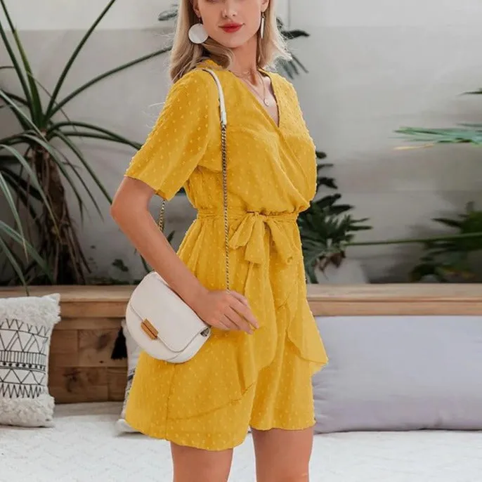 V-neck Flower A-line Summer Ruffled Sash Belt Wrap Short Sleeve Beach Lining Short Dress