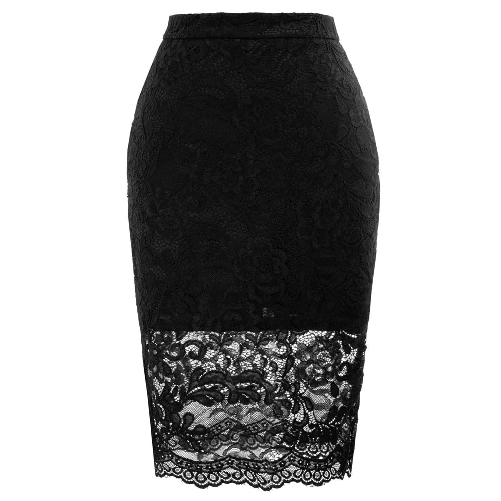 VenusFox Elegant Lace High Waist Bodycon Pencil Midi Skirt