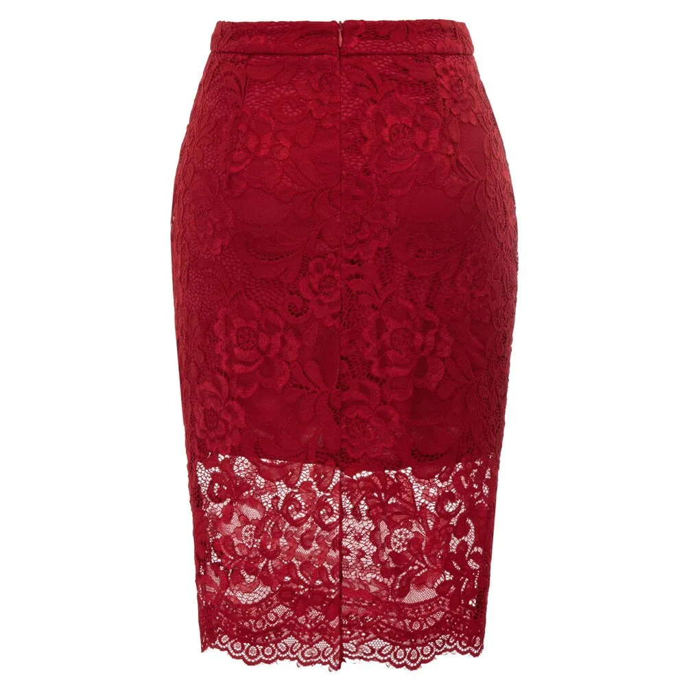 VenusFox Elegant Lace High Waist Bodycon Pencil Midi Skirt