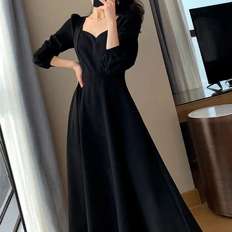 Vintage Black Dress Women Retro Elegant Wrap Midi Dresses Korean Harajuku Long Sleeve Solid Clothes Spring Fashion