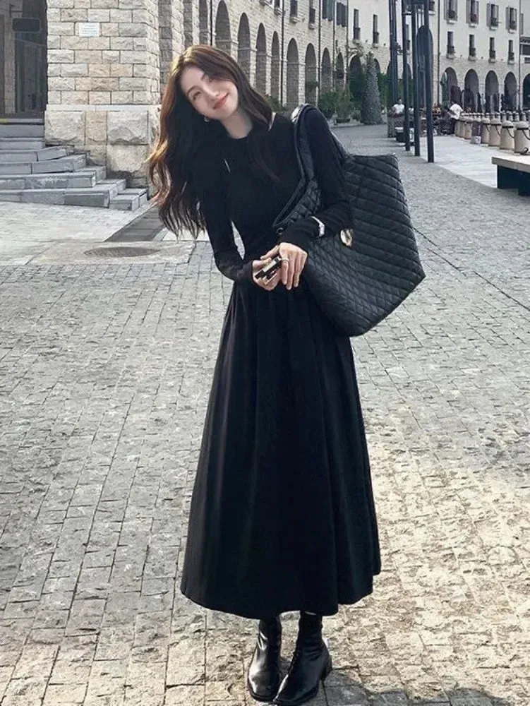 Vintage Knitted Black Midi Dress Women Retro Office Ladies Wrap Casual Long Sleeve Dresses Autumn Korean Fashion