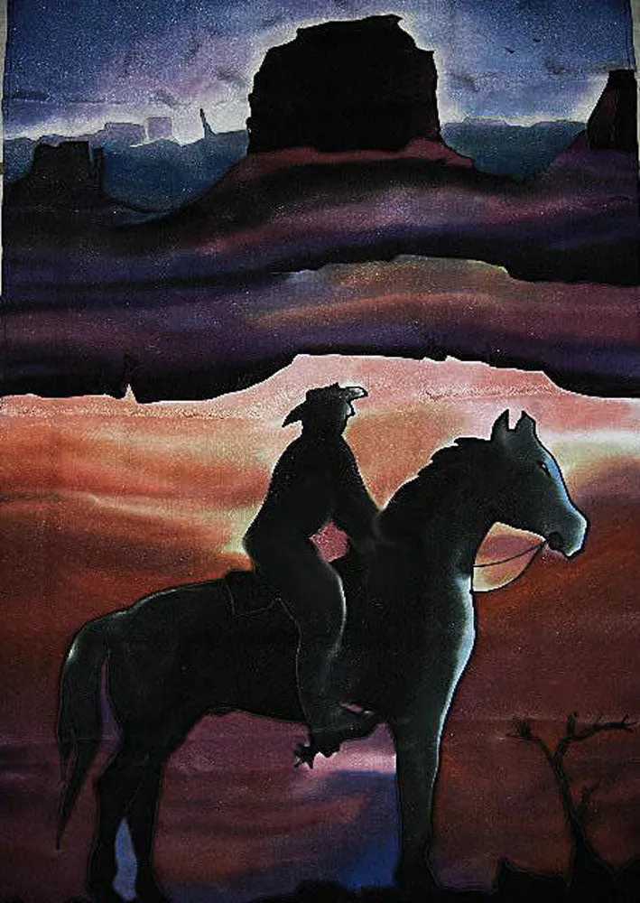 VINTAGE NEW OLD STOCK - FROM MY OWN PERSONAL COLLECTION - GORGEOUS HAND PAINTED WESTERN COWBOY IN ARIZONA AT SUNSET SILK SCARF