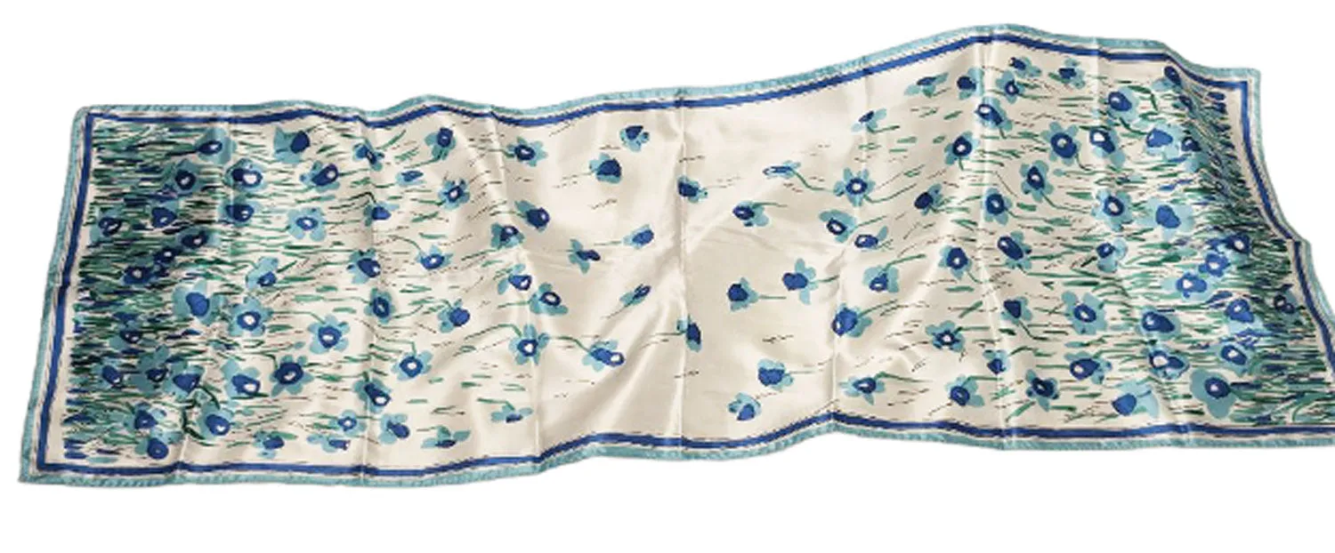 VINTAGE VERA SUMMER GARDEN OF AQUA AND DARK BLUE FLOWERS SILK HAND ROLLED FLORAL SCARF