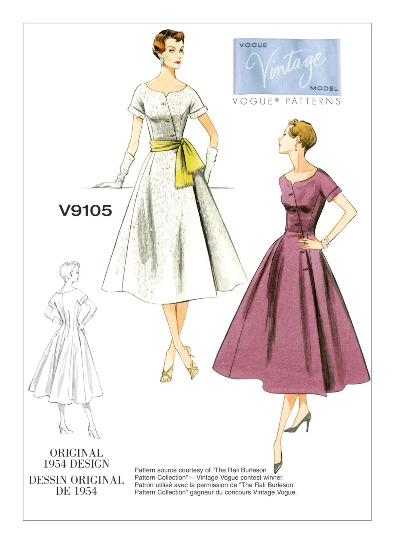 Vogue Pattern V9105 Vintage 1950s Misses' Dress & Sash