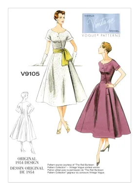 Vogue Pattern V9105 Vintage 1950s Misses' Dress & Sash