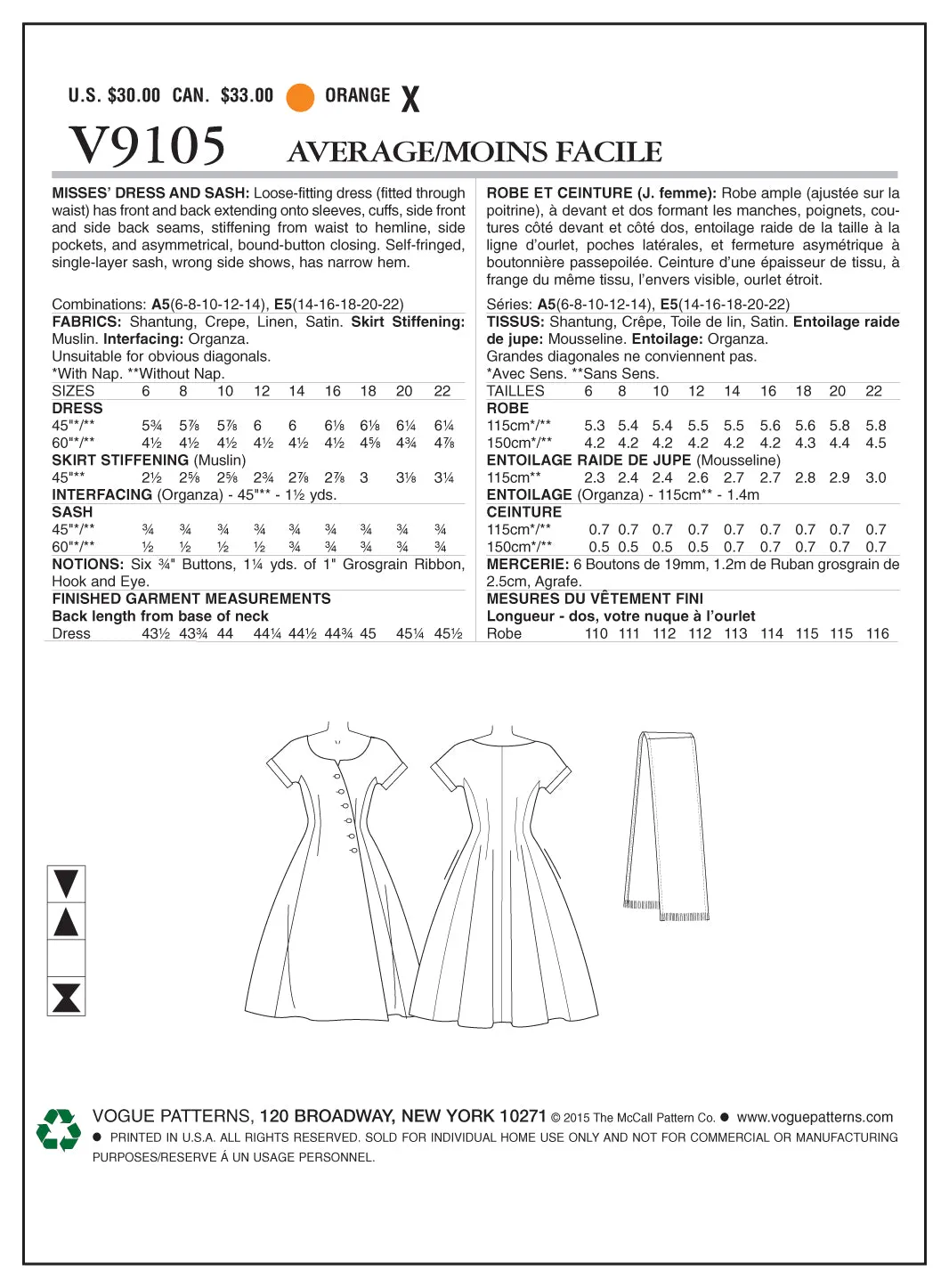 Vogue Pattern V9105 Vintage 1950s Misses' Dress & Sash